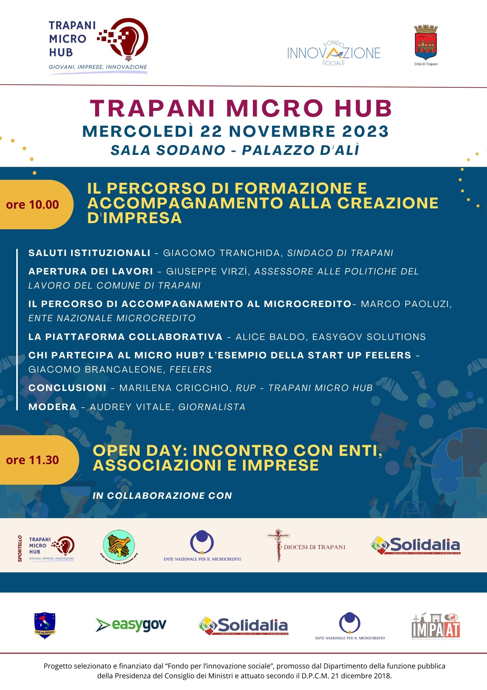 Giovani e impresa: il 22 novembre a Palazzo D’Alì un open day per favorire il sostegno all’autoimprenditorialità giovanile con Trapani Micro Hub